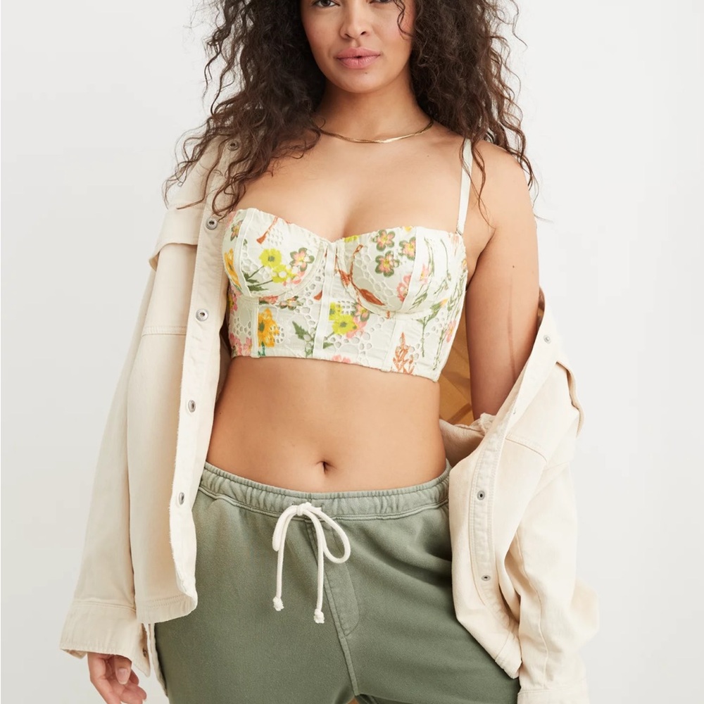 Aerie Floral Bustier Top - Cream and Green